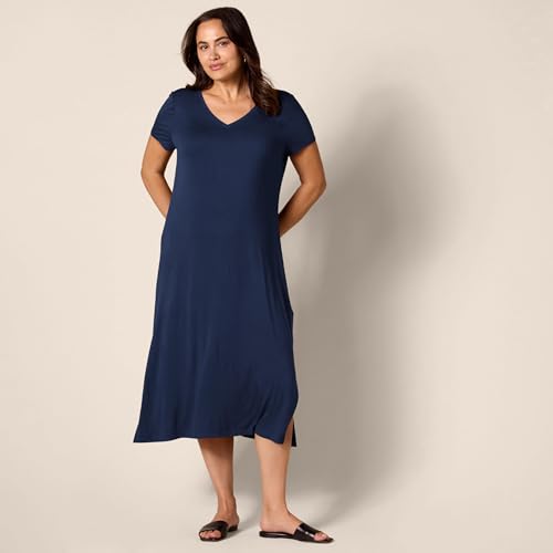 Image of Amazon Essentials Women's Regular Fit V-Neck Short Sleeve Midi Length T-Shirt Dress, Soft Viscose Stretch Jersey, Side Slits