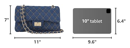 Image of M-ioi-M Quilted Denim Crossbody Bags for Women, Chain Strap Shoulder Bags, Medium Double Flap Purse, Gold Hardware Jean Purse