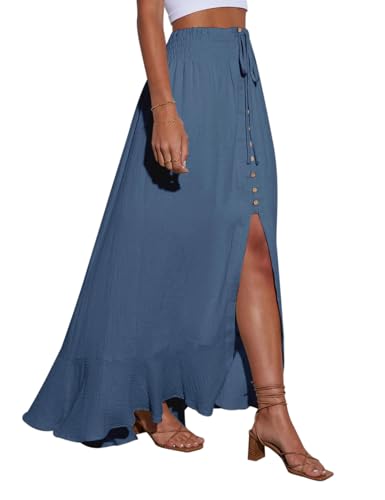 Image of Minclouse Women's Elastic Tie Waist Button Down Maxi Skirts Casual Loose Flowy Swing Slit Front Dress