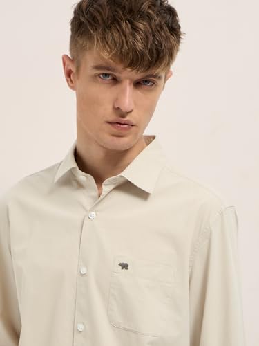Image of THE BEAR HOUSE Men's Beige Slim Fit Solid Cotton Casual Shirt