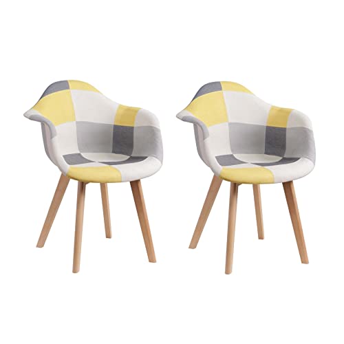 GrandCA HOME Lot de 2 Ffauteuils Patchwork Scandinaves avec Pieds en Bois de Hêtre Massif et Assise en Polyester Rembourré Multicolore, Jaune