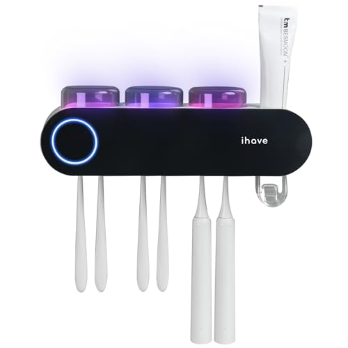 iHave Wall Mounted Electric Toothbrush Holders with 3 Cups, UV Sanitizer, Toothpaste Dispenser, Smart Home Bathroom Accessories & Decor, Black