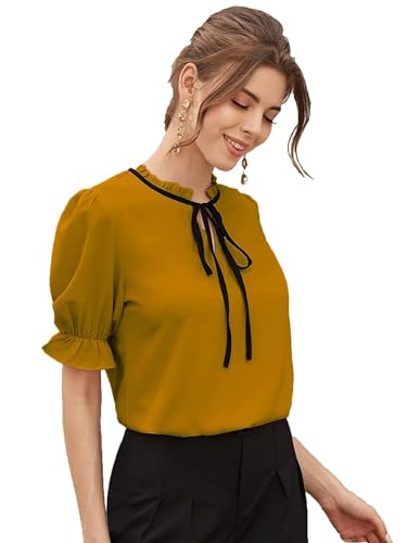 Image of Stylistico Soft Polyester Formal Stylish tie-up Office Solid Western Summer Short v-Neck Casual Plain Puff Half Sleeves Tops for Women Latest