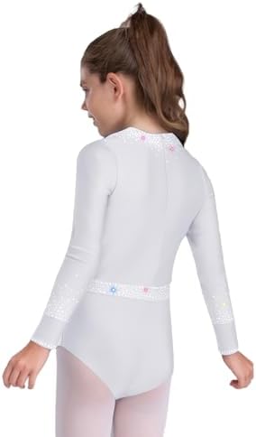 Xroufi Gymnastics Leotard for Girls Sparkle Diamond Long Sleeve Dance Bodysuit Biketard Training Practice Outfit White 8 — view 2