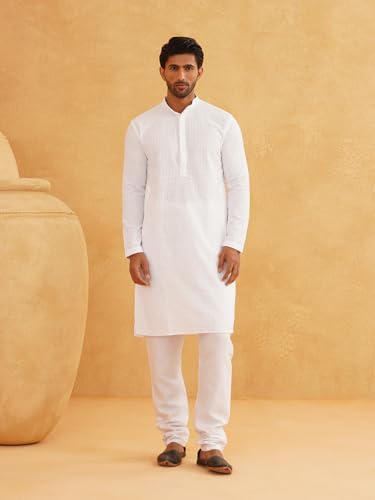 Image of Sojanya (Since 1958 Men'S Geometric Embroidered Thread Work Cotton Straight Long Kurta