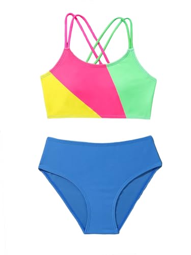 Image of Milumia Girl's 2 Piece Bikini Sets Textured Spaghetti Strap Swimsuit Bathing Suit Color Block 10 Years