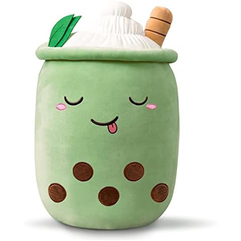 Firecos Bubble Tea Plush Throw Pillow 35cm Milk Tea Cup Plushie Plush Toy Soft Stuffed Cute Boba Tea Plush Soft Cartoon Toy Gift for Kids (Green with ice cream) Cover