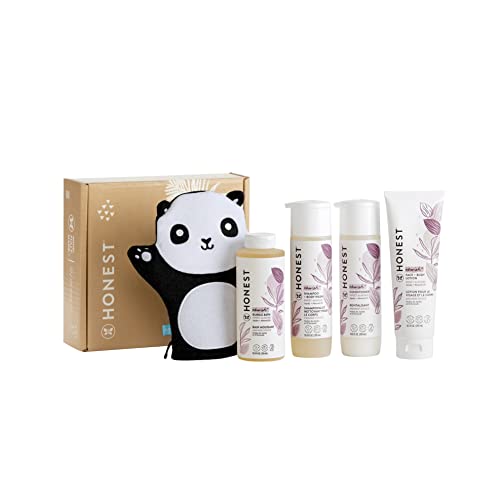 Image of The Honest Company Sweet Almond Bathtime Essentials Bundle | Shampoo + Body Wash, Conditioner, Face + Body Lotion, Bubble Bath, Panda Bath Mitt | Naturally Derived, Tear-free, Hypoallergenic