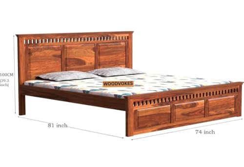 Image of Sheesham Wood King Size Bed Without Storage Solid Wooden Cot Bed Elegant and Functional Bedroom Living Room Home (Honey, King)