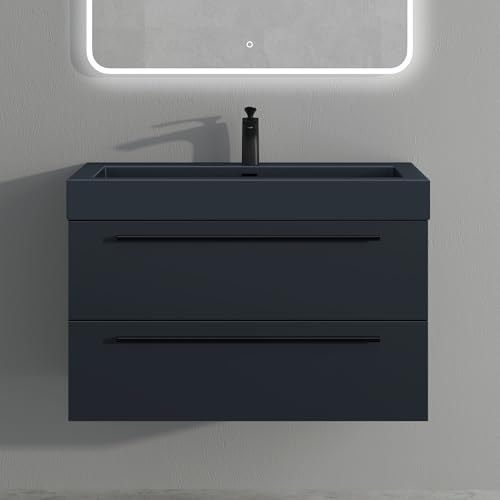 Mai & Mai Badmöbel-Set Waschbeckenunterschrank 90 cm, Waschtisch mit Unterschrank in matt Anthrazit, inkl. Waschschbecken aus Mineralguss Quadratto