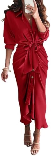 BTFBM Maxi Dresses for Women Fall 2025 Long Sleeve Lapel Neck Button Down Elegant Satin Belted Ruched Summer Shirt Dress