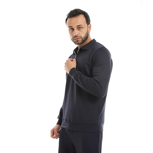 Andora Long Sleeves Half Zipper Closure Self patterned Sweatshirt-Navy-3XL