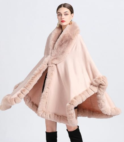 Image of Women Poncho Cape Faux Fur Collar Knitted Cardigan Sweater Batwing Long Sleeve Shawl Wrap Coat Oversized Cloak