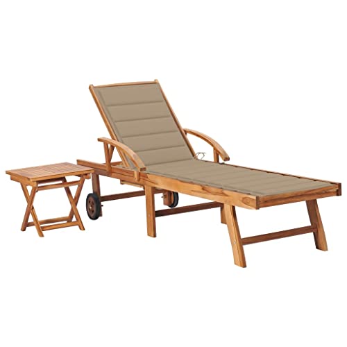 HaoChrymec Tumbona de Exterior con Mesa y Cojín, Hamaca de Madera de Teca Maciza, Ajustable y Plegable, con Ruedas, para Jardín, Piscina, Camping, Playa, Color Beige, 195 x 59.5 cm