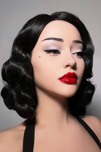 Wig lacefront black Etta #1B perruque vintage mi-longue pinup à vagues crantées
