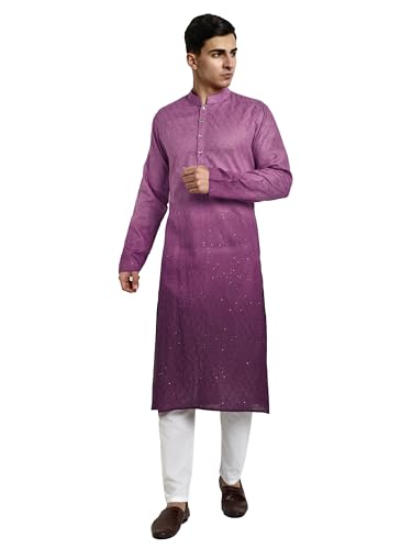 Image of Vardha Men's Cotton Chikankari Embroidered Kurta with Full Sleeves and Knee Length Design and Elegant Sequence Work | Kurta for Men