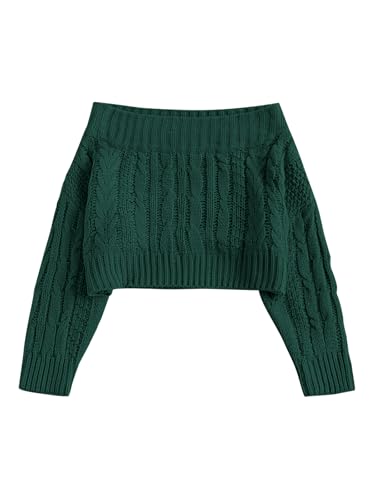 ZAFUL Women's Off Shoulder Cable Knit Crop Top Sweater - Long Sleeve Pullover with Batwing Sleeves