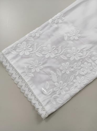 Image of White Cotton Chikankari Palazzo Pants for Women, Embroidered Floral Design with Lace Hem, Wide Leg