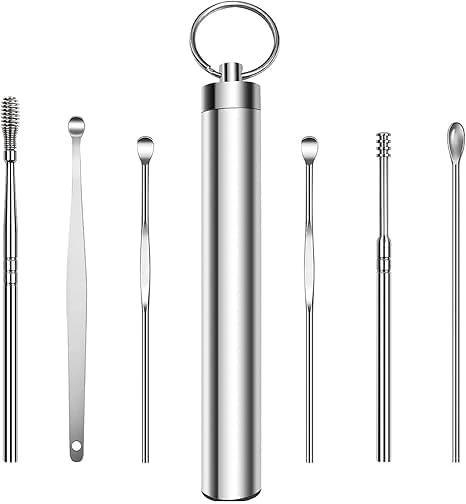 Ear Wax Cleaner Tool Set - 6Pcs Resuable Ear Cleaning Kit with Storage Tube for Travel & Daily Use, Steel Ear Cleansing Tool Set Spiral Ear Curette Tool with Cleaning Brush for Kids, Adults (Pack of 1).