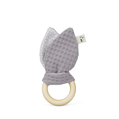 GRÜNSPECHT Greifring mit Stoffohren, Holzring mit waschbaren Stoffohren aus 100% Baumwolle, für Greifsinn & Tastsinn, Geschenk Spielzeug Baby, grau (571-V1)