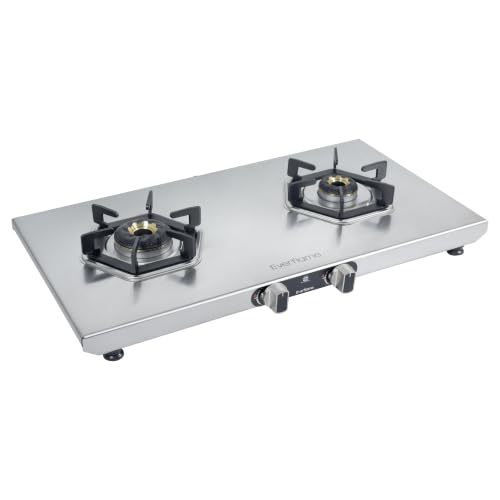 Image of Everflame Hexon 2 Burner Stainless Steel Gas Stove | 2mm Jointless Body | 3D Forged Brass Burners | Euro Coated Pan Supports | Manual Ignition | ISI Certified | 2 Years Manufacturer Warranty