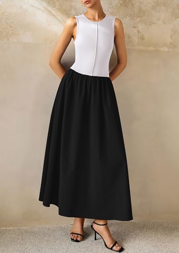 Image of PRETTYGARDEN Maxi Dresses for Women 2026 Summer Casual Sleeveless Patchwork Flowy Vacation Sundress Knit Long Work Tank Dress