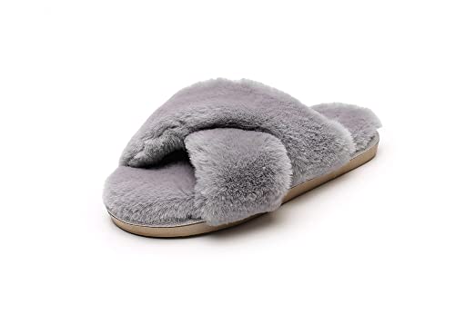 Fuzzy Slippers for Women - Fluffy Crossover Faux Fur House Slipper Open Toe Memory Foam Slippers
