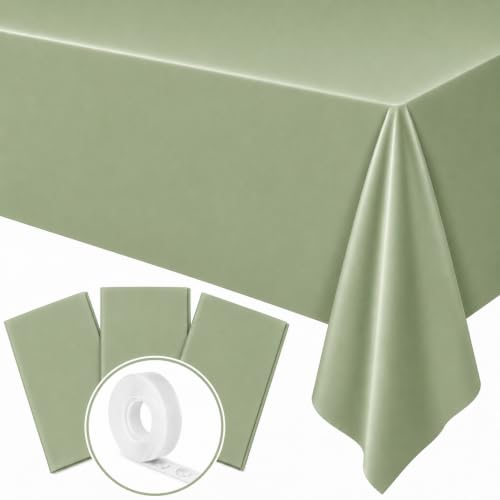 Image of Blue Orchards Sage Green Plastic Table Cover (Pack of 3 with 20 Glue dots) - 54 inch x 108 inch - Sage Green Tablecloth, Waterproof & Disposable Party Supplies, Boho Chic Decorations for Wedding, Baby Shower