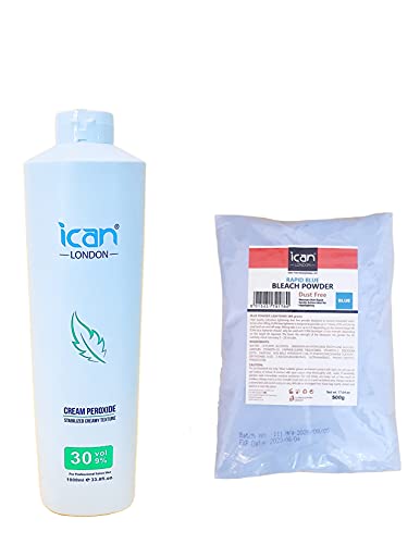 ICAN LONDON Professional Crème peroxyde 30 VOL 9% 1000 ml + poudre de javel bleue sans poussière 500 g