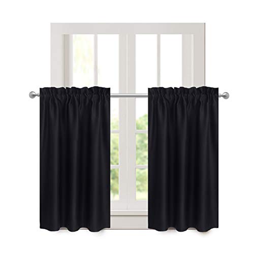 Aquazolax Window Room Darkening Curtains Functional Tailored Tier/Valance/Cafe Curtains, 2 Pieces, 28" Width By 36" Length, Black #TOP27