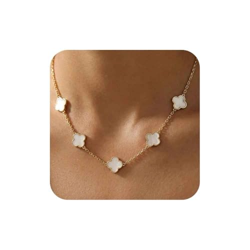 99 Jackets Four Leaf Clover Necklace for Women 18K Gold Plated Stainless Steel Dual Sided White Shell 5 Lucky Charm Motifs Non-Tarnish Hypoallergenic Adjustable Good Luck Jewellery Gift