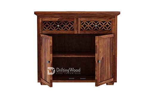 Image of DRIFTINGWOOD Solid Sheesham Wood Sideboard Tv Cabinet for Living Room | Free Standing Movable Tv Unit Side Board Table with 2 Drawer & 2 Door Cabinet Storage Furniture for Home | Teak Brown Finish