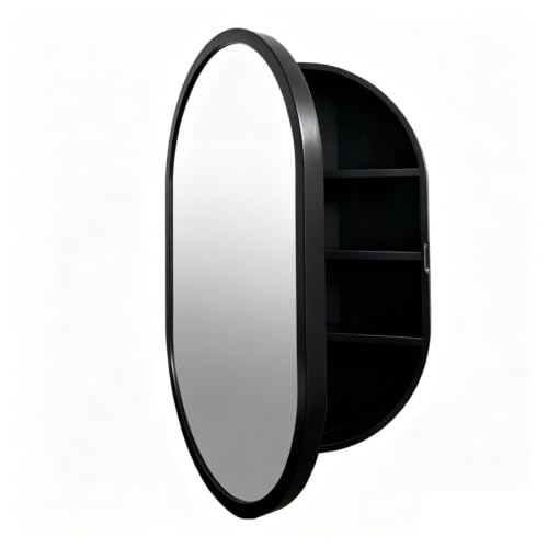 Botiquín de baño con espejo ovalado, marco circular de madera maciza, montaje en pared, 4 niveles, 19,7 x 30,7 pulgadas (estilo B, negro) miniatura 1