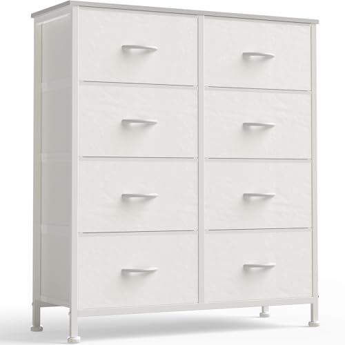 Image of OLIXIS 8 Drawer Storage Dresser for Bedroom, White Closet Organizers Units | Fabric Dresser with Wooden Top, Chest of Drawers Clothes Storage, Tower Cabinet for Living Room, TV Stand Furniture