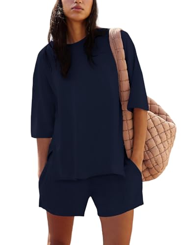 Womens Shorts Sets 2 Piece Outfits Summer 2025 Half Sleeve Crew Neck Cotton Lounge Sets Matching Clothing