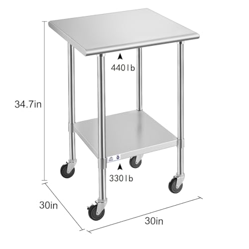Image of ROCKPOINT Stainless Steel Table for Prep & Work with Caster Wheels 30x30 Inches, NSF Commercial Heavy Duty Table with Undershelf and Legs for Restaurant, Home and Hotel