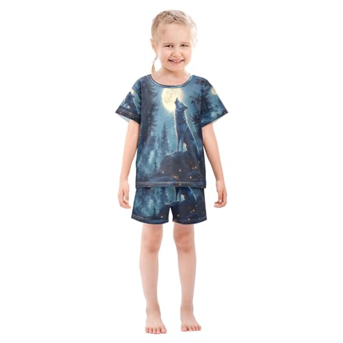 ALAZA Wolf Animal Moon Tree Pajamas Set Short Sleeve Cotton Sleepwear Summer Pjs 2 Piece 5-14Y3