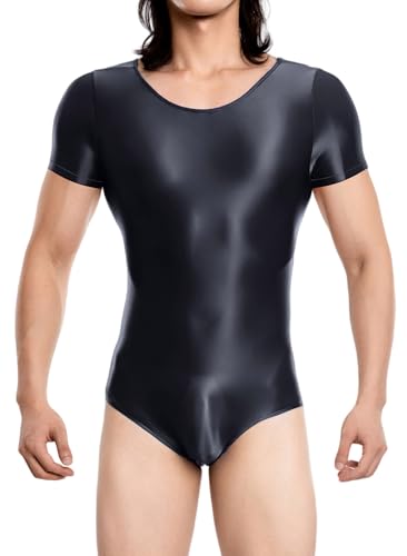 FEOYA Men Shiny Oil Glossy Bdoysuit One Piece Short Sleeve Silky Leotard Jumpsuit Romper