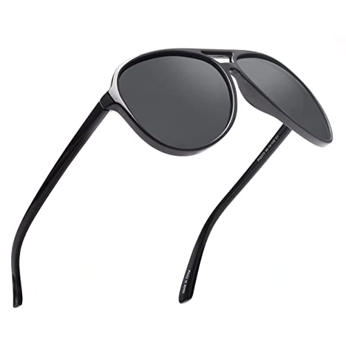 JIM HALO Polarized Aviator Sunglasses Men Women Oversize Plastic Driving Glasses (Black Frame/Polarized Grey Lens)