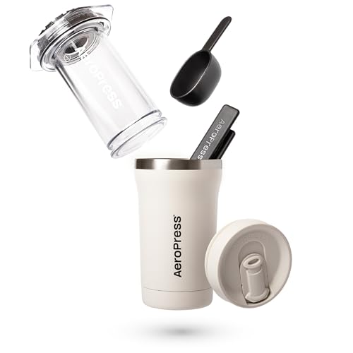 Image of AeroPress Go Plus, Small Portable Coffee Maker Kit, Travel, Camping & Office, All-in-One French Press, Pour-Over & Espresso Style Manual Brewer, 2 Min Brew for Less Bitterness, More Flavor, Cream