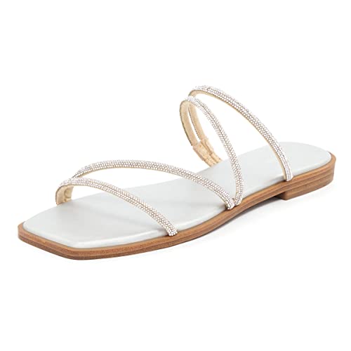 Image of vodvob Women's Rhinestone Flat Sandals Slip on Memory Foam Sandals Open Toe Slide Sandals