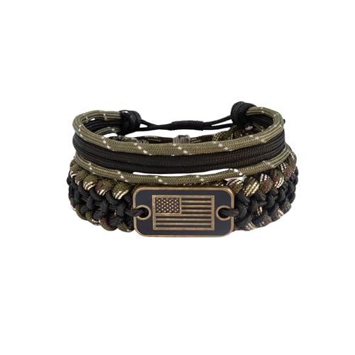 VIKENNIA Paracord Set - 02 Adjustable Braided and Rope Bracelets with Bronze USA Flag Charm - 550 Paracord Survival Bracelets - Green Camo (Set of 2) - For Men, Women, US Army Veterans