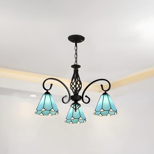 BAYCHEER Tiffany Chandelier 3 Lights Cone Shape Pendant Vintage Blue Stained Glass Pendant Light 25.5" Width Dining Room Hanging Lamp in Black Finish