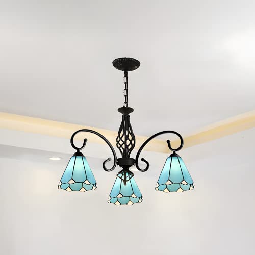 Baycheer Tiffany Chandelier 3 Lights Cone Shape Pendant Vintage Blue Stained Glass Pendant Light 25.5" Width Dining Room Hanging Lamp In Black Finish #TOP25