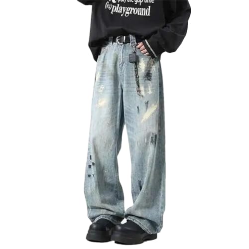 Men's Jeans Splash-Ink Contrast Color American Style Loose Straight Wide Leg Casual Denim Pants