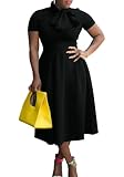 Memoriesea Women's Elegant Casual Short Sleeve Work Party A-Line Dress with Pockets Black