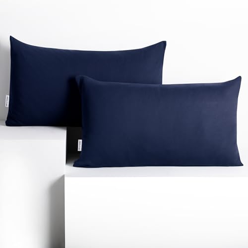 DecoKing 2 Fundas de Almohada de 50 x 60 cm, Jersey 100% Algodón Peinado con Cremallera, Color Azul Oscuro y ámbar