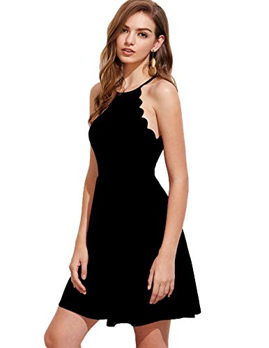 Romwe Women's Sweet Scallop Sleeveless Flared Swing Pleated A-line Skater ...