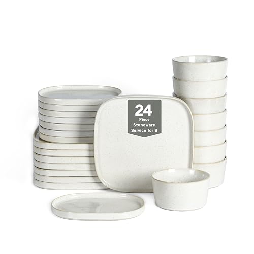 Image of Stone Lain Cairo 24-Piece Dinnerware Set Stoneware, Plates and Bowls Set, Microwave and Dishwasher Safe, Includes Dinner and Salad Plates, Cereal Bowls, Dish for 8, White Speckled