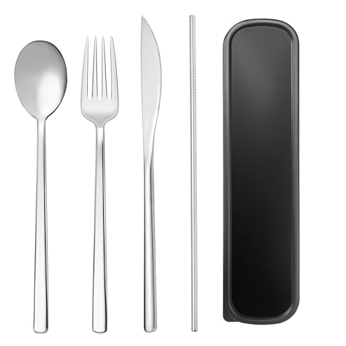 SUOXU Cutlery Set with Case,Stainless Steel Flatware Set 4-Piece Set:Knife Fork Spoon Straw,Dishwasher Safe,Long Handle Suitable for Outdoor Picnic Camping Travel Office School Lunch Box Cutlery